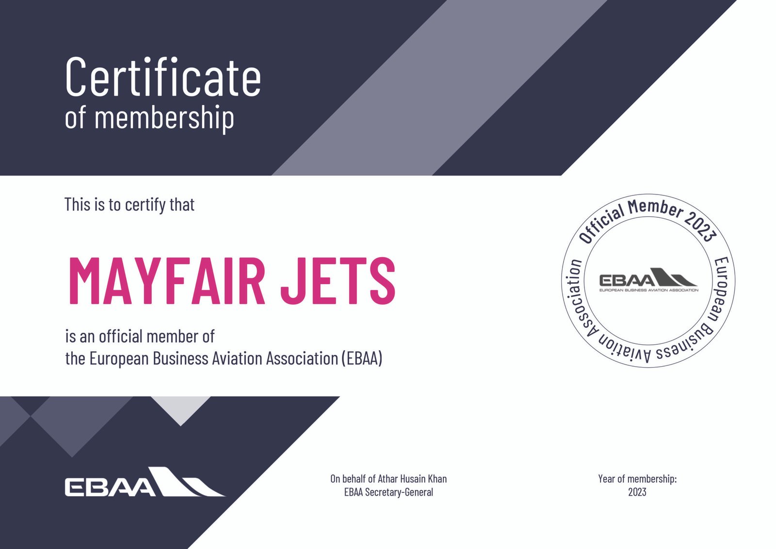 EBAA Membership Certificate 2023 - MAYFAIR JETS